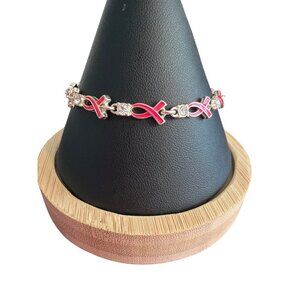 Vintage Avon NRQ Breast Cancer Pink Ribbon Link Bracelet Rhinestones 7" Estate